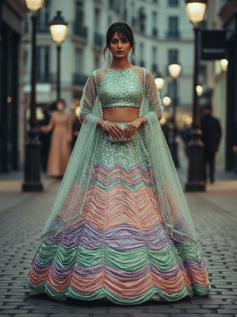 Look 2 — Chevron Lehenga: Sequin crop top, chevron lehenga & sheer dupatta