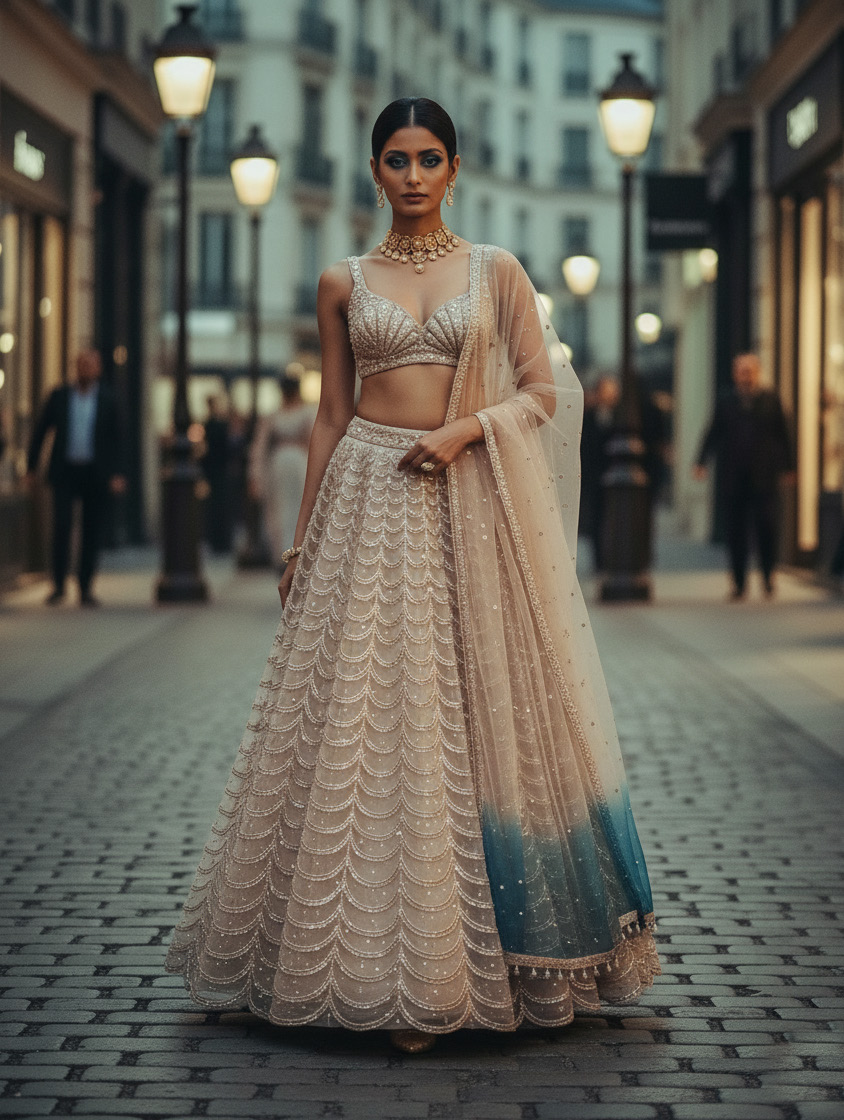 Look 6 — Cirrus: Embellished lehenga, blue-tipped dupatta