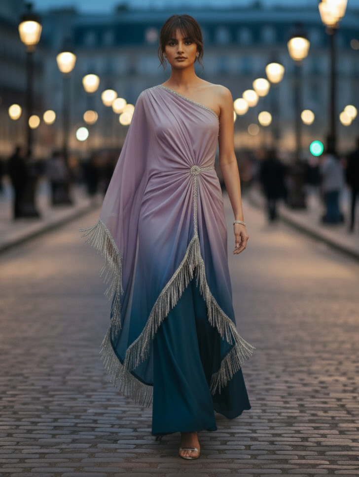 Look 8 — Ombre: One-shoulder ombre dress with fringe