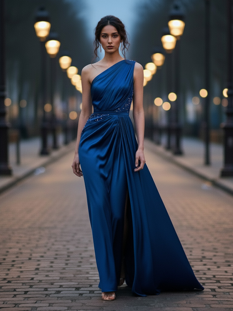 Look 10 — Streetlight: Deep blue one-shoulder gown