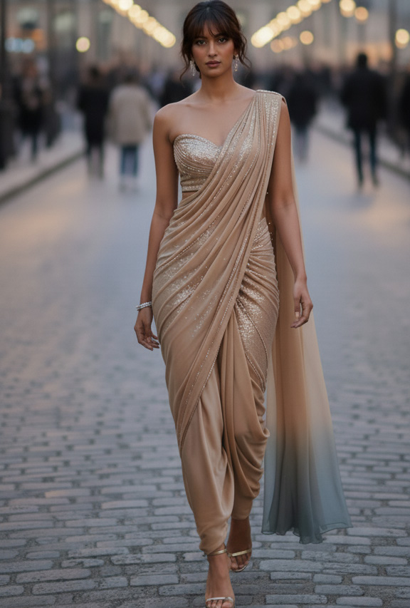 Look 11 — Beige Saree: Sequined one-shoulder draped saree, gradient hem