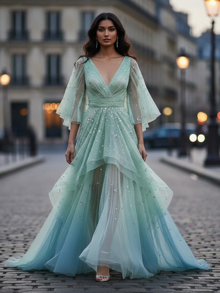 Look 13 — Mint: Mint sequined high-low tulle gown, flared sleeves