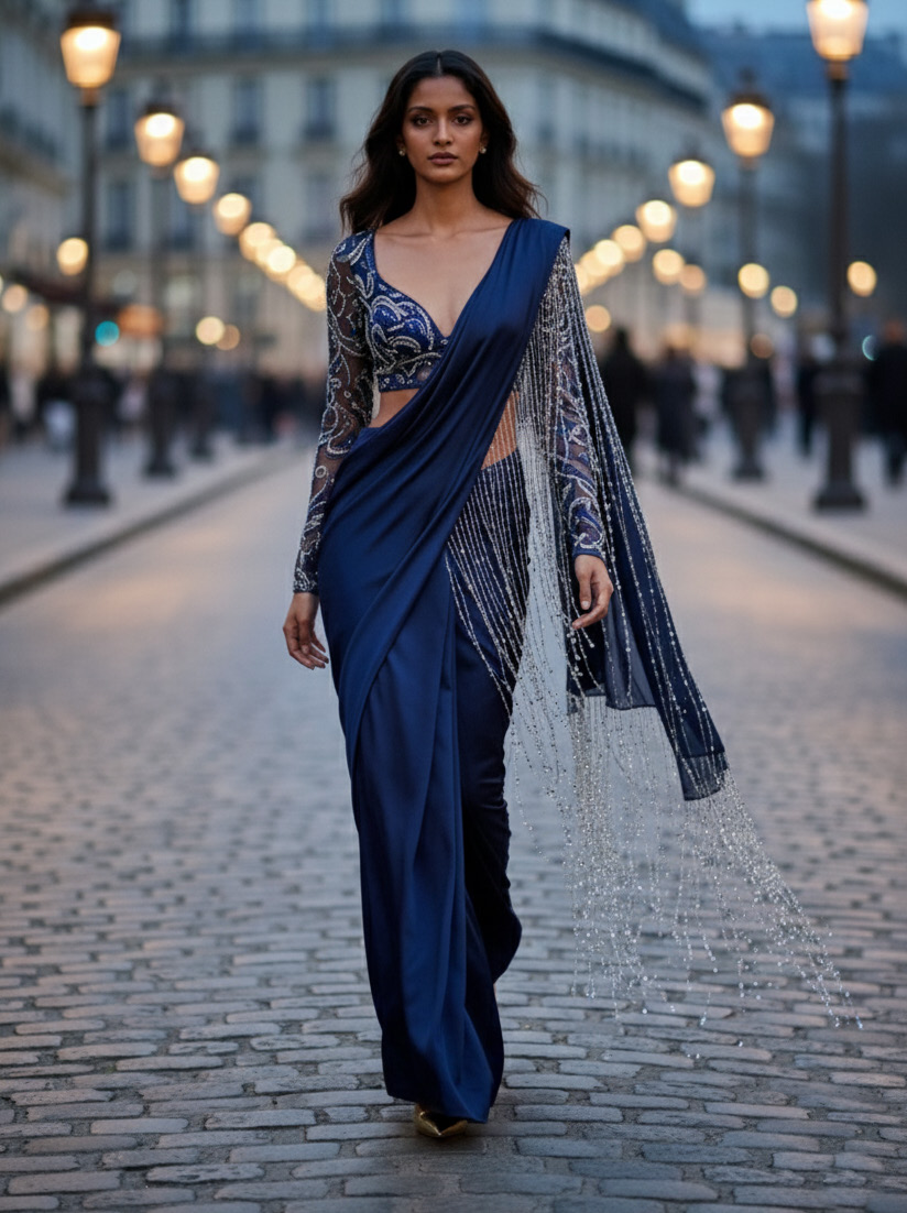 Look 14 — Indigo Pallu: Deep blue saree, embellished blouse, silver fringe pallu
